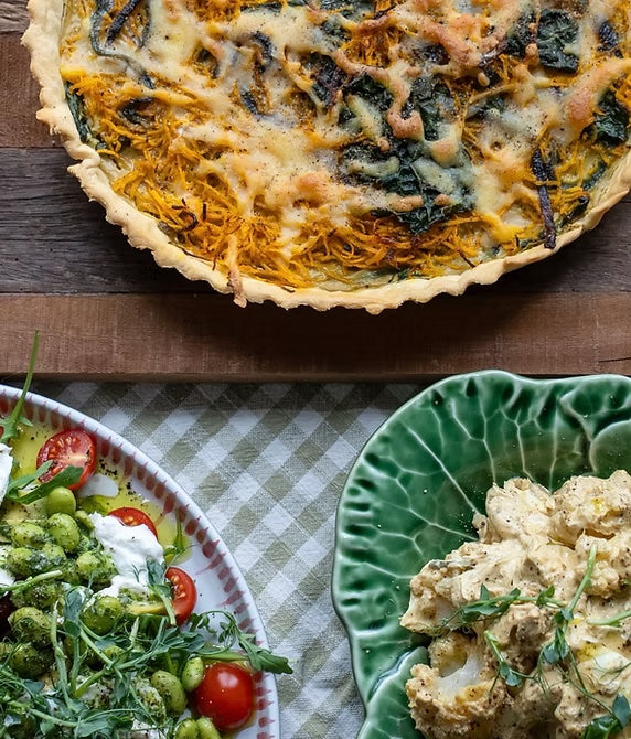 Butternut Squash Tart with a Tomato Salad with an Edamame Bean Salad & Coronation Cauliflower