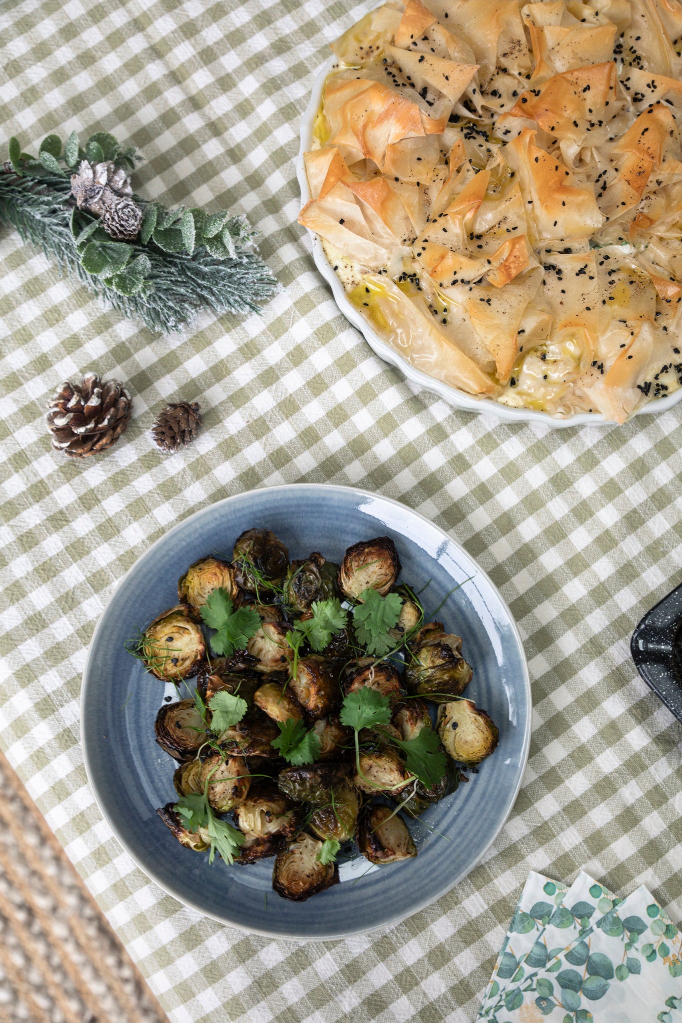 Leek, Pea & Butterbean Filo Pie with Brussel Sprouts in Maple & Garlic & Triple Cooked Roast Potatoes