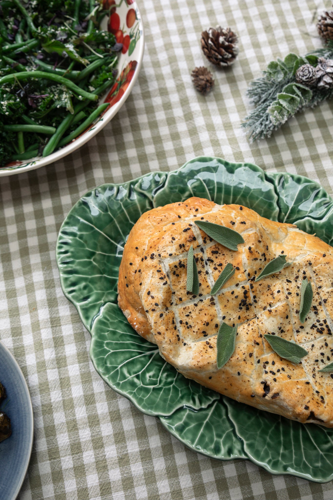 Portobello Mushroom & Caramelised Onion Wellington with Cauliflower & Broccoli Cheese topped with Flaked Almonds & Braised Red Cabbage with Apple & Balsamic Vinegar
