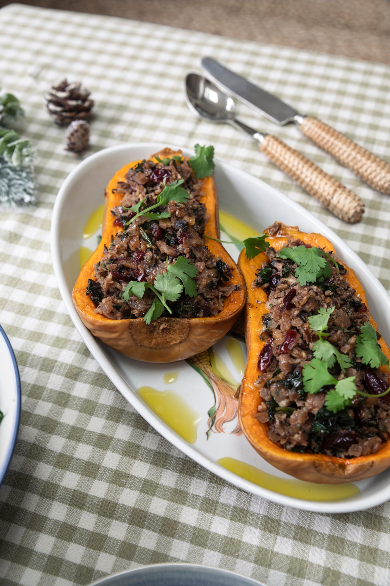 Whole Roasted Squash with Christmas Stuffing with Honey & Mustard Roasted Parsnips & Vegetable & Cheese Gratin