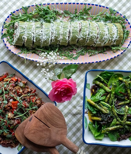 Spinach Roulade with a Persiana Red Rice Salad & Balsamic Onion Green Salad in a Basil Garlic Dressing