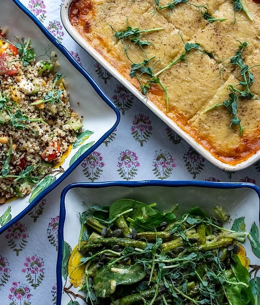 Aubergine & Lentil Moussaka with a Quinoa & Crispy Greek Salad and a Grated Courgette & Asparagus Salad in a French Dressing