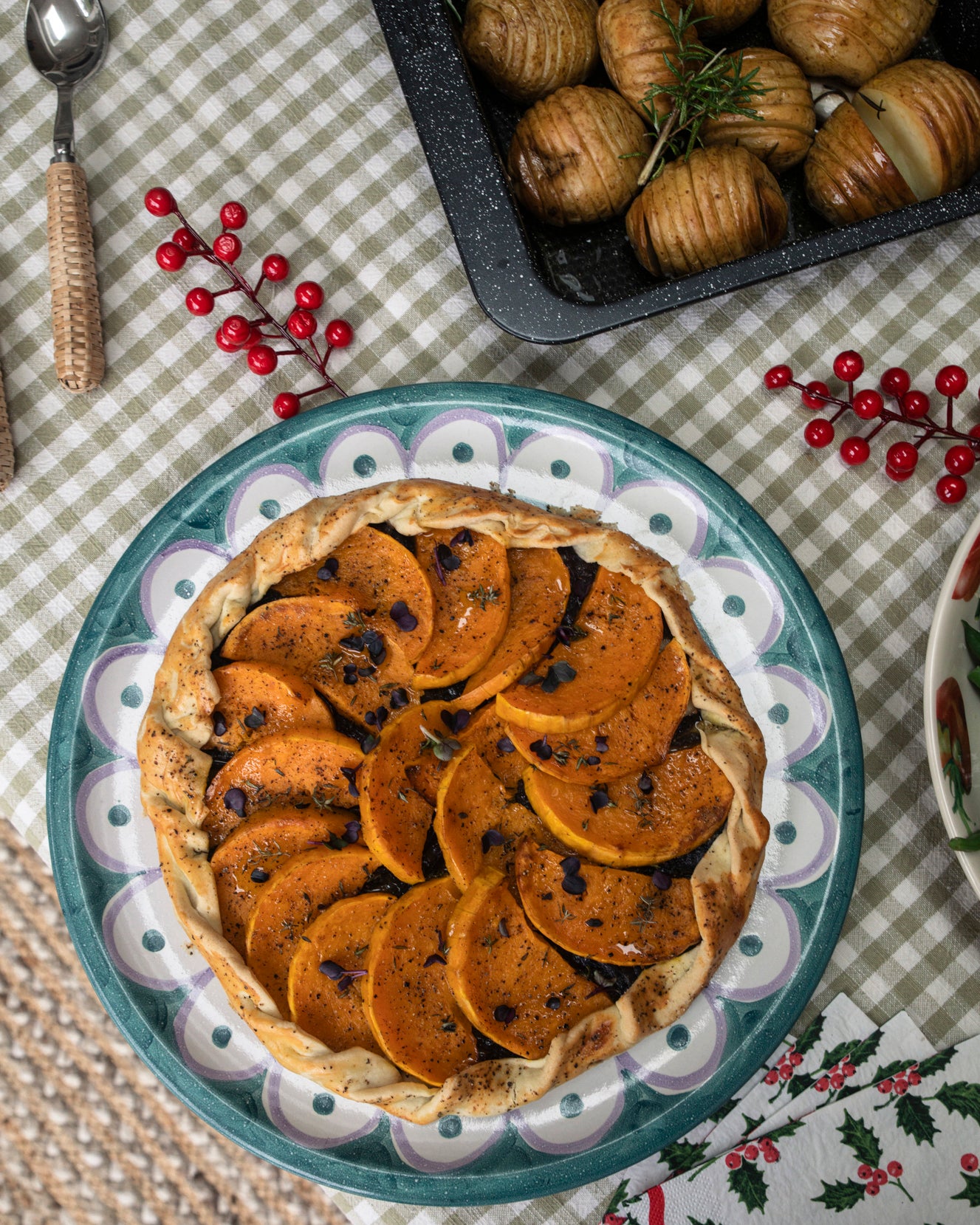 Butternut Squash, Red Onion Galette topped with Fresh Thyme with Hassleback Roasted New Potatoes with Rosemary and Garlicky Green Beans with Kale, Tenderstem Broccoli & Sesame Seeds