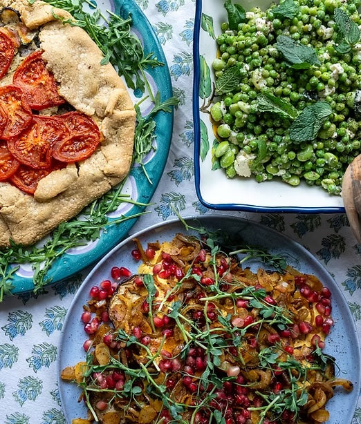 Courgette & Tomato Galette with a Curried Yoghurt Aubergine Salad and a Pea, Mint & Feta Salad