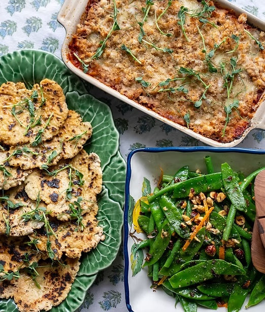 Aubergine Parmigiana with Rosemary Flatbreads & an Orange & Hazelnut Mangetout Salad